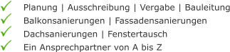 Planung | Ausschreibung | Vergabe | Bauleitung Balkonsanierungen | Fassadensanierungen Dachsanierungen | Fenstertausch Ein Ansprechpartner von A bis Z